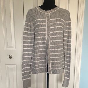Eddie Bauer Medium Gray And White Stripe Button Up Cardigan Sweater